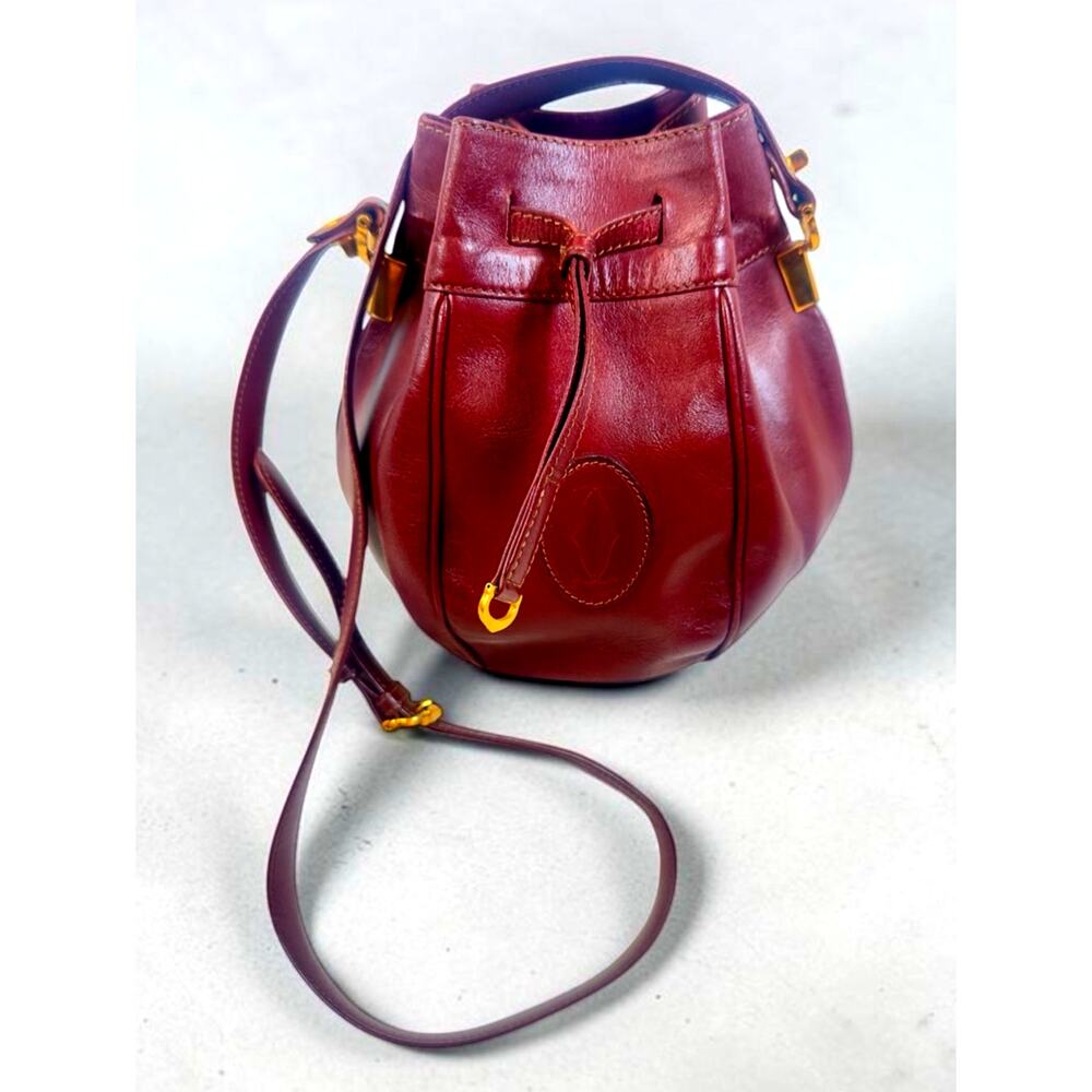 Vintage Cartier Must De Cartier Burgundy Leather Bucket Bag w/ COA & Dust Bag